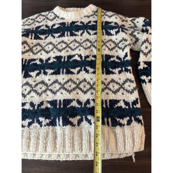 Llama Wool Sweater Mens Large Cream Green Hand Knit Ecuador Crewneck Chunky - Picture 5 of 9